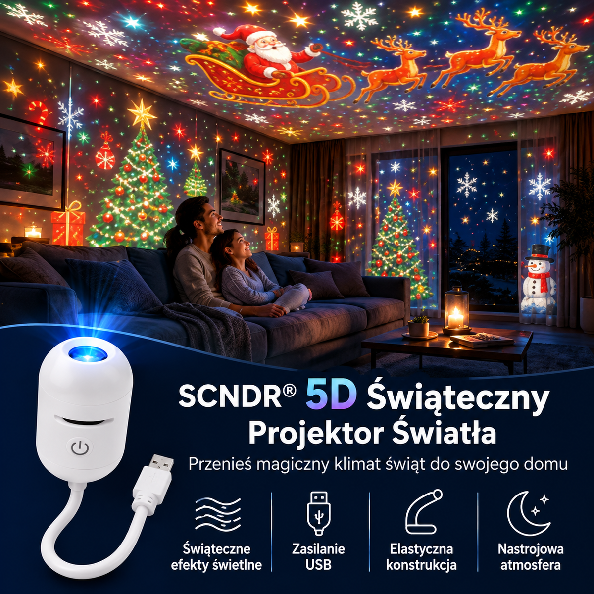 🌈⛄ 𝑺𝑪𝑵𝑫𝑹® HD Świąteczny Projektor – Plug & Play 🌲