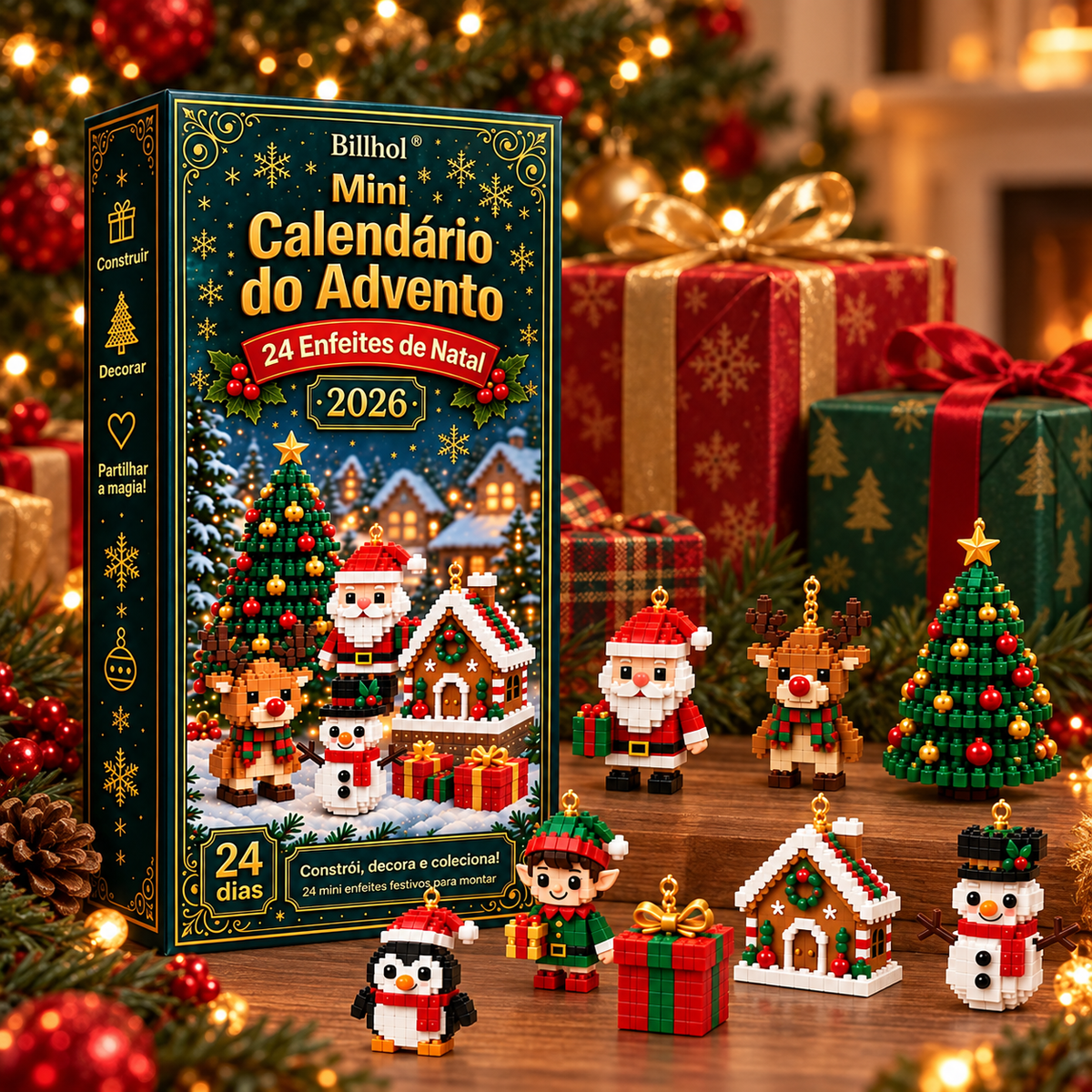 Billhol® Mini Calendário do Advento com 24 Enfeites de Natal | 24 Modelos Festivos Exclusivos para Montar, com Ganchos Incluídos – Perfeito para Decorar Árvores de Natal, Coroas e Outras Decorações Natalícias 🫎