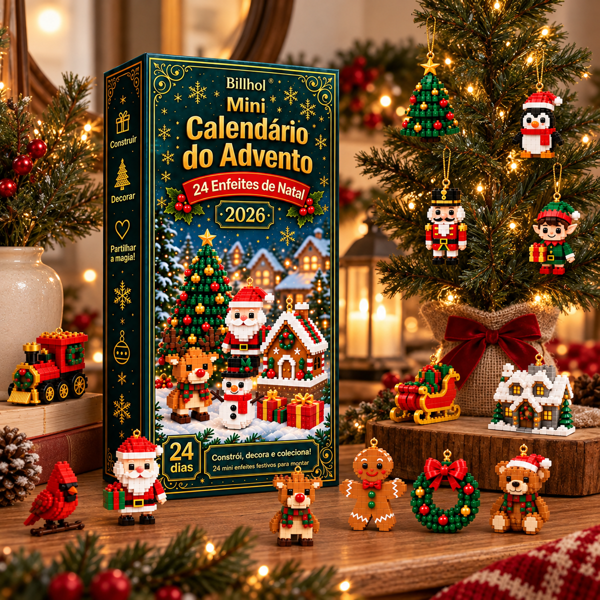 Billhol® Mini Calendário do Advento com 24 Enfeites de Natal | 24 Modelos Festivos Exclusivos para Montar, com Ganchos Incluídos – Perfeito para Decorar Árvores de Natal, Coroas e Outras Decorações Natalícias 🫎
